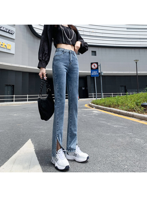 2021秋季新款开叉牛仔裤女高腰弹力修身显瘦微喇叭裤长裤口袋装饰