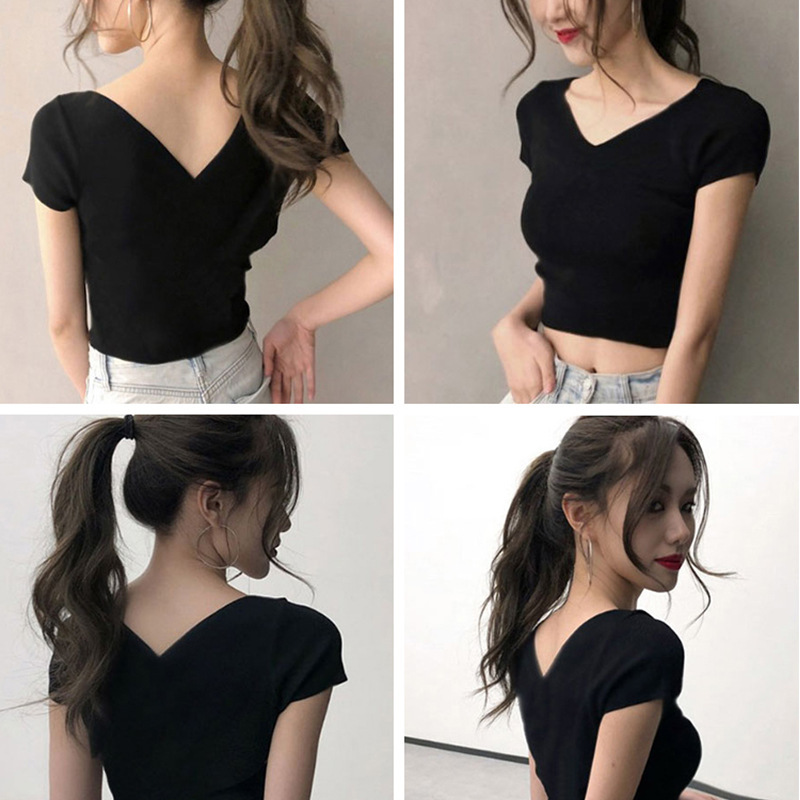 前后v领短款短袖T恤女设计感夏季新款韩版女修身上衣女装