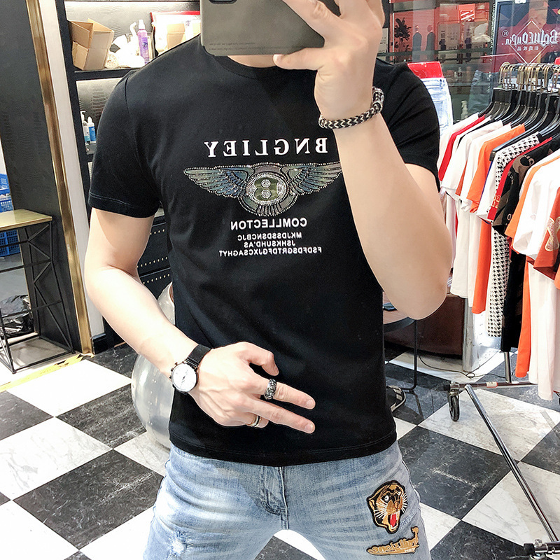 欧洲站帅气成熟薄款男T丝光棉字母印花烫钻短袖修身体恤衫大码男