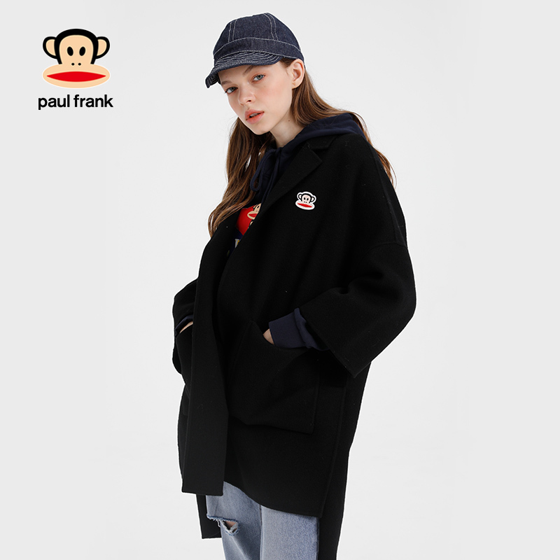 Paul Frank/大嘴猴秋冬毛呢外套女纯色韩版宽松时尚外衣 黑色 M
