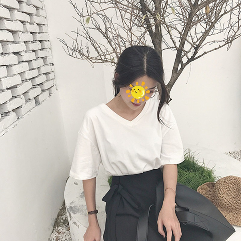 纯色V领宽松休闲短袖T恤女夏装韩版学生上衣女ins打底衫女装