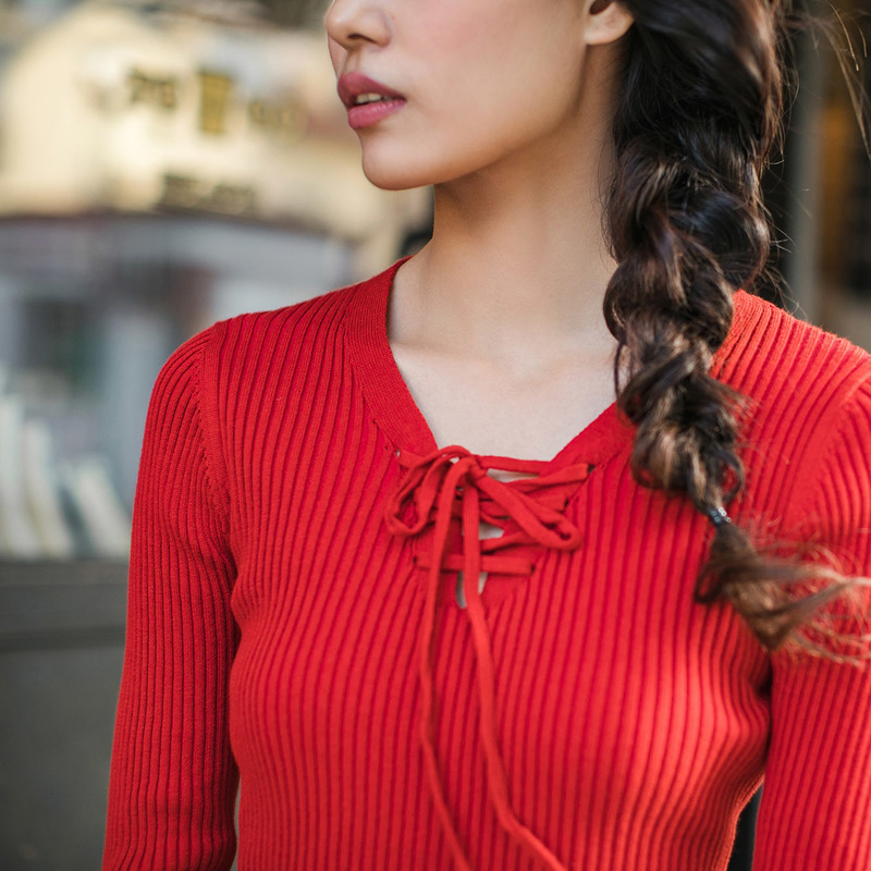 茵曼秋装新款深V领绑带修身显瘦百搭套头毛衣女