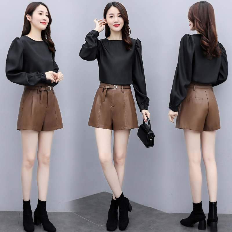 【铂瑟】时尚上衣 短款皮裤两件套