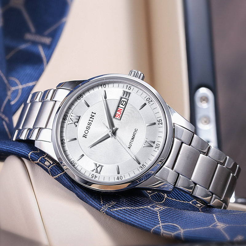 罗西尼rossini手表雅尊商务系列男士时尚休闲黑盘金属钢带机芯双历