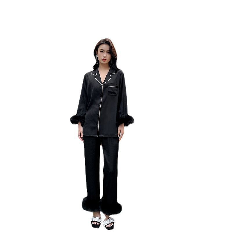 Ceba轻奢睡衣女春夏羽毛拼接感缎面雪纺薄款家居服可外穿