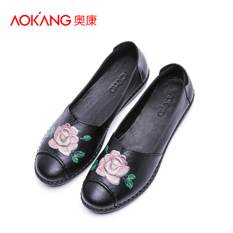 奥康女鞋舒适软底妈妈鞋平底防滑单鞋皮鞋女