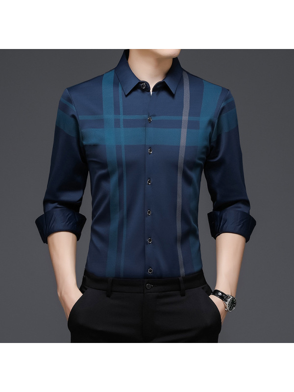 Ceba21秋季新款男式长袖衬衫免烫韩版潮流修身格子商务休闲男士
