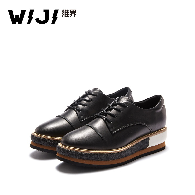 WIJI维界2018秋季新款欧美休闲皮鞋羊皮系带厚底时尚韩版潮流女鞋