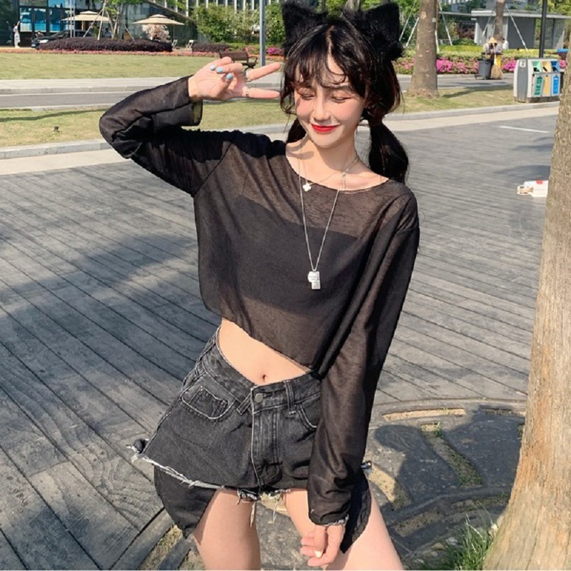 纯色透明防晒衣女宽松长袖T恤女情侣装打底衫短款小可爱女装潮ins