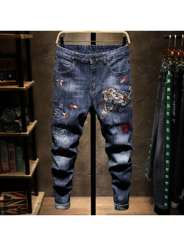策霸秋季国潮牌刺绣牛仔裤男士破洞修身小直筒中国风弹力绣花百搭长裤