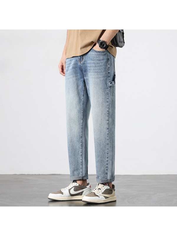 磨白做旧牛仔直筒裤 男士宽松版型 侧边小袋点缀美式复古潮流长裤