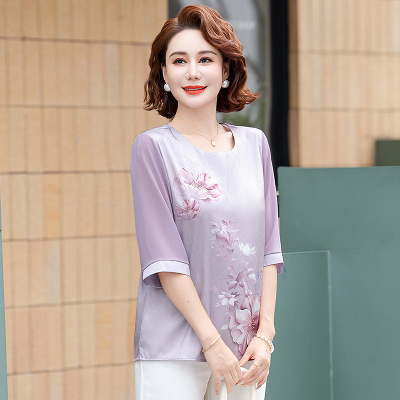 妈妈夏季薄款洋气上衣服新款中老年女夏雪纺小衫时尚减龄t恤