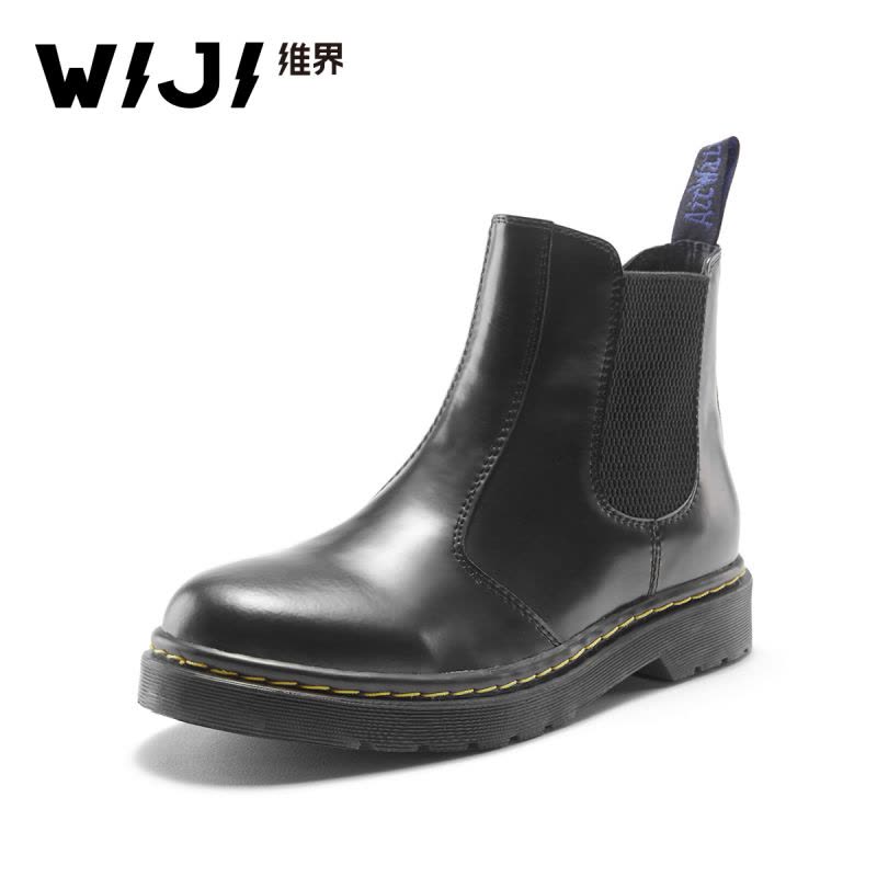 WIJI女靴子英伦冬季短筒新款时尚休闲鞋百搭潮流套筒真皮切尔西靴图片