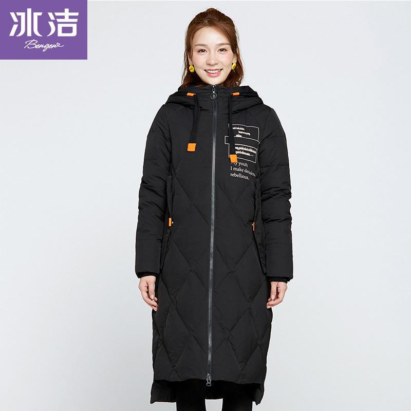 冰洁bengen冬季女士连帽羽绒服中长过膝冬外套羽绒服