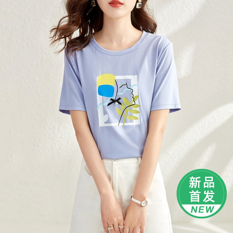 OUNIXUE欧昵雪 | [时尚休闲上衣]夏季艺术风圆领烫图短袖简约套头宽松T恤女