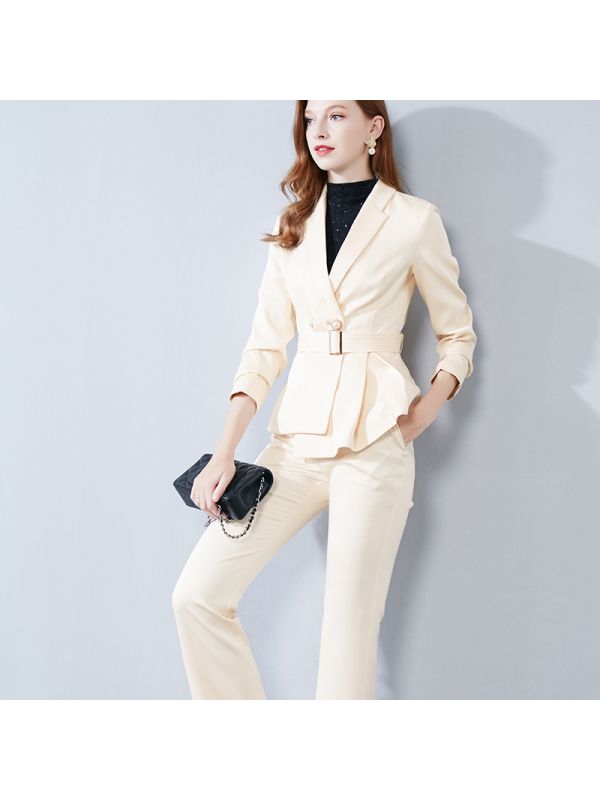 晚白2019秋新品套装修身纯色西装外套高腰喇叭裤西裤职业两件套女