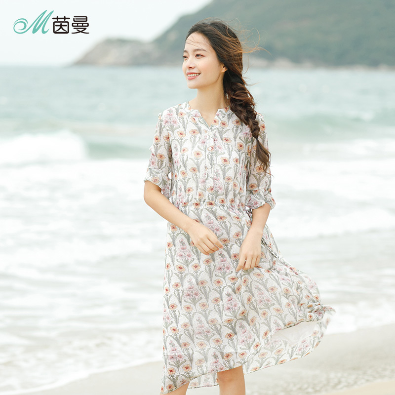 茵曼女装夏装新款V领雪纺印花系带喇叭袖宽松连衣裙