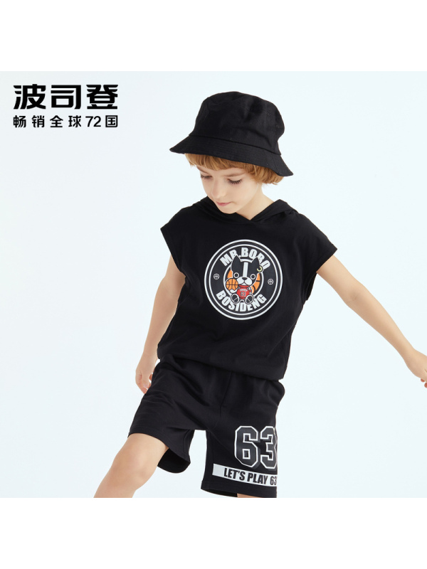 波司登童装夏季卡通印花连帽T恤运动短裤套装