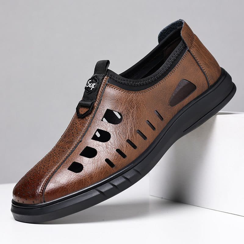 新款男士休闲镂空皮鞋男潮流透气洞洞鞋包头真皮凉鞋中老年爸爸鞋图片