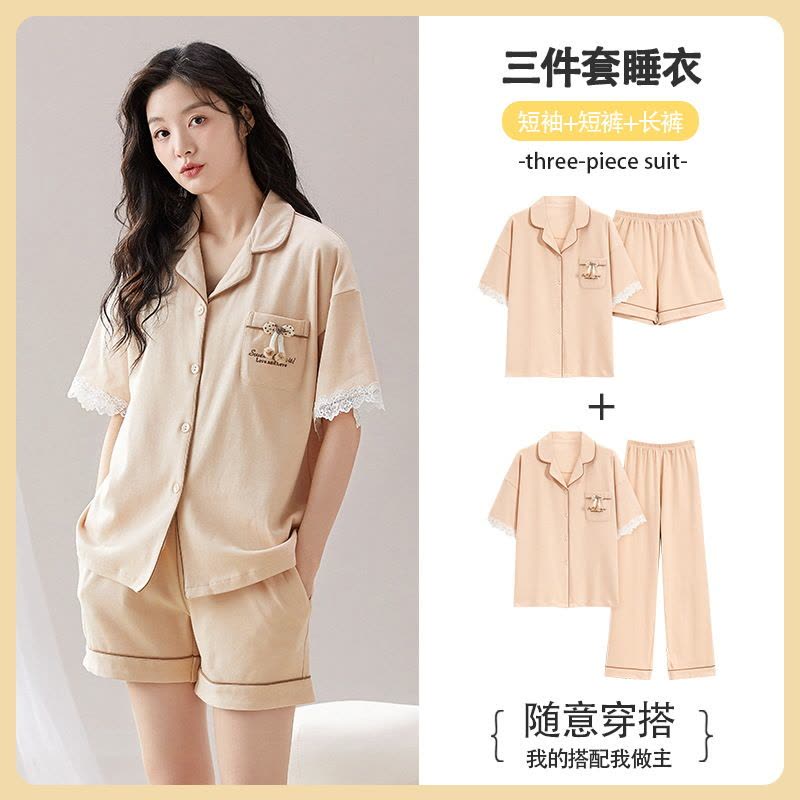 夏季女士睡衣新款开衫polo领短袖短裤三件套清新少女可外穿家居服图片