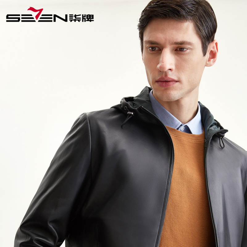 柒牌SEVEN男装2019秋冬新款皮衣休闲商务连帽真皮上衣经典男士夹克外套