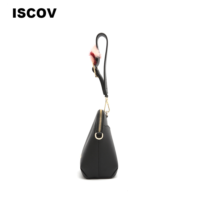 ISCOV十字纹牛皮斜挎包 春夏 时尚绒球手提单肩包