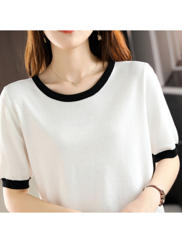 25新款夏季冰丝短袖拼色休闲T恤薄款套头宽松针织衫女上衣半袖