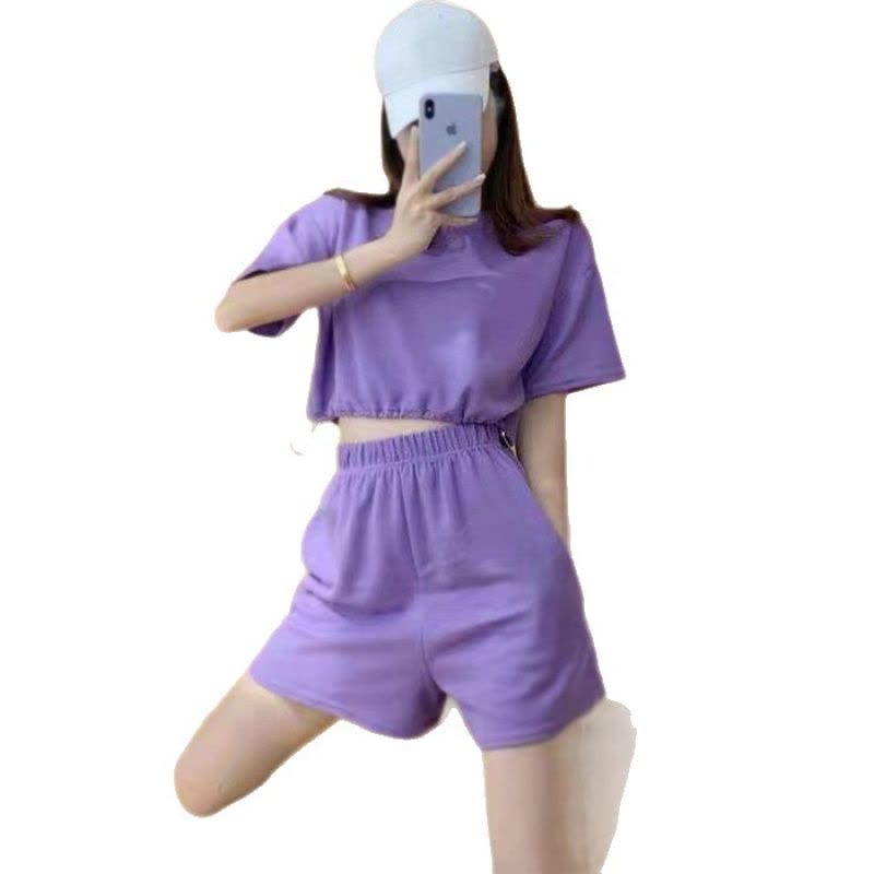 纯色抽绳短袖T恤夏季新款高腰显瘦宽松百搭运动短裤两件套装图片
