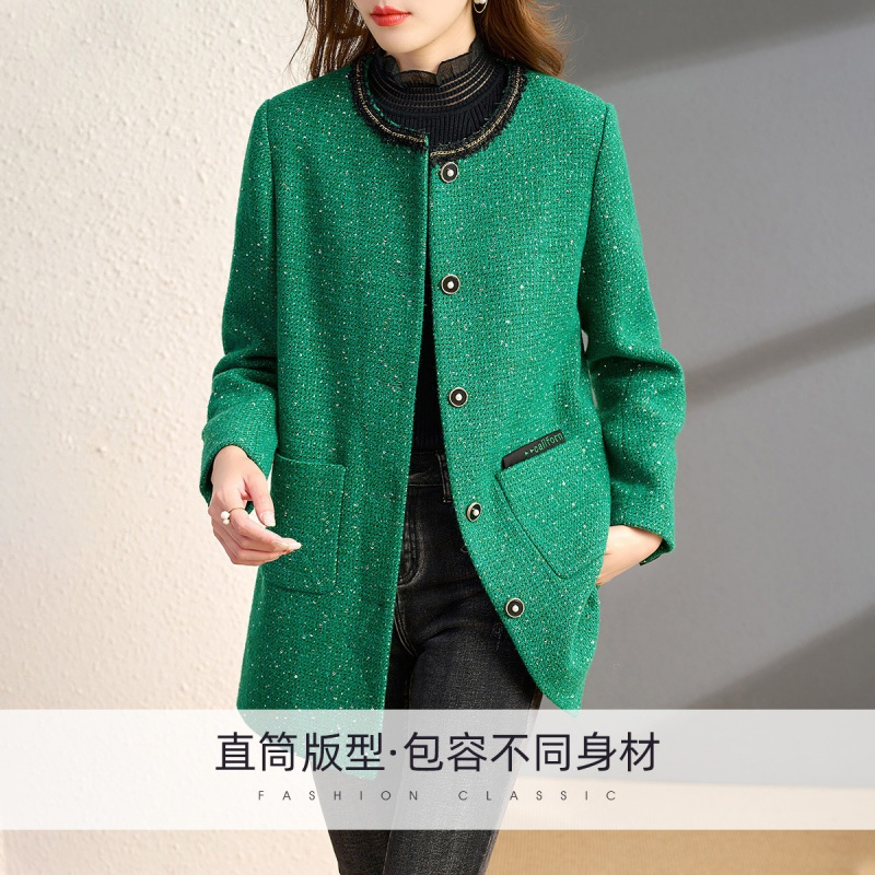 OUNIXUE欧昵雪 | [复古亮片中长款毛呢大衣]秋冬季气质圆领织带拼接外套女