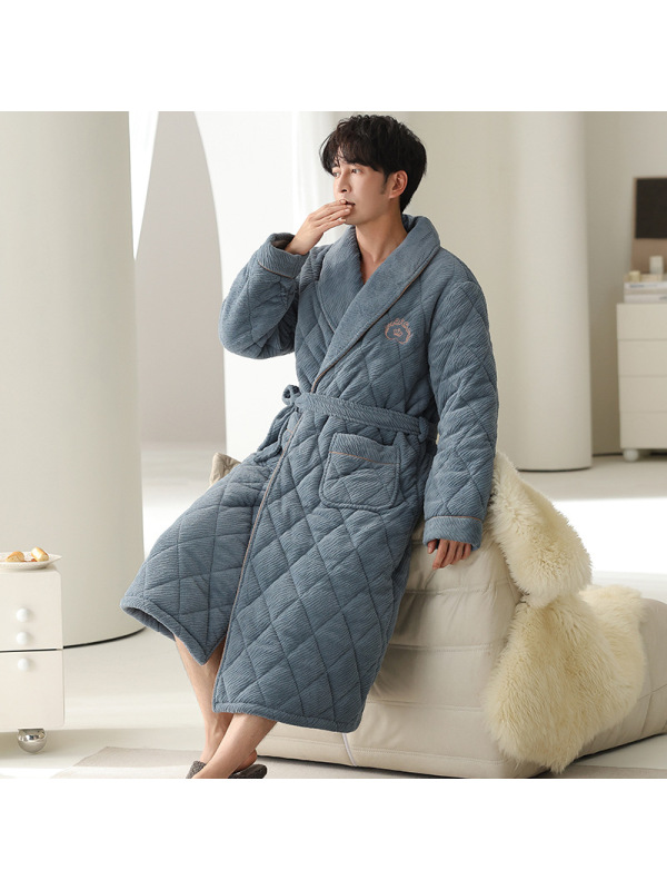 睡衣男士冬季加绒加厚韩版牛奶绒三层夹棉长袖睡袍青年保暖家居服