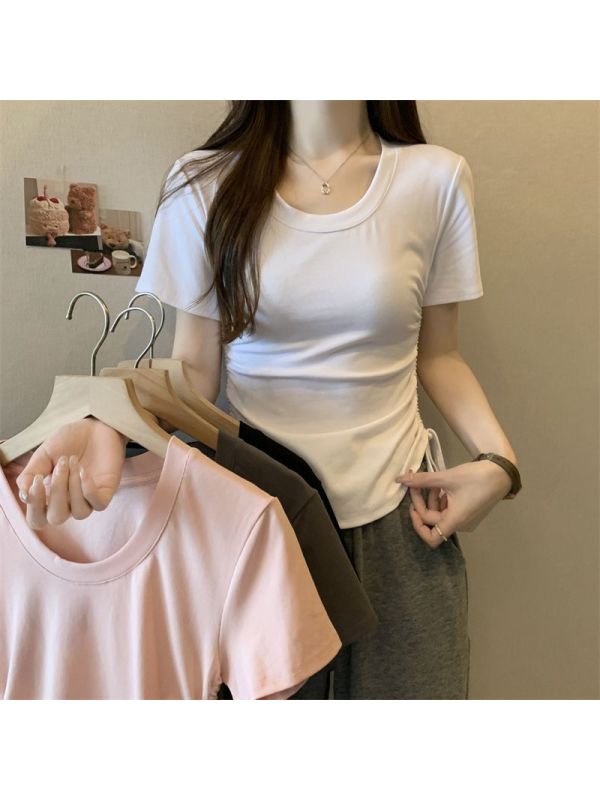 含棉 设计感短袖T恤女新款夏季抽绳短款辣妹纯色圆领上衣ins