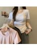 含棉 设计感短袖T恤女新款夏季抽绳短款辣妹纯色圆领上衣ins