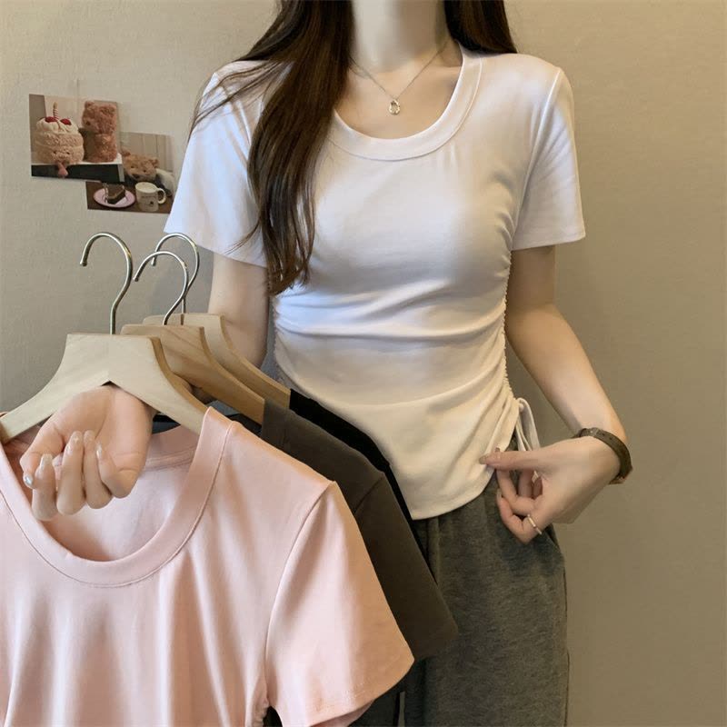 含棉 设计感短袖T恤女新款夏季抽绳短款辣妹纯色圆领上衣ins图片