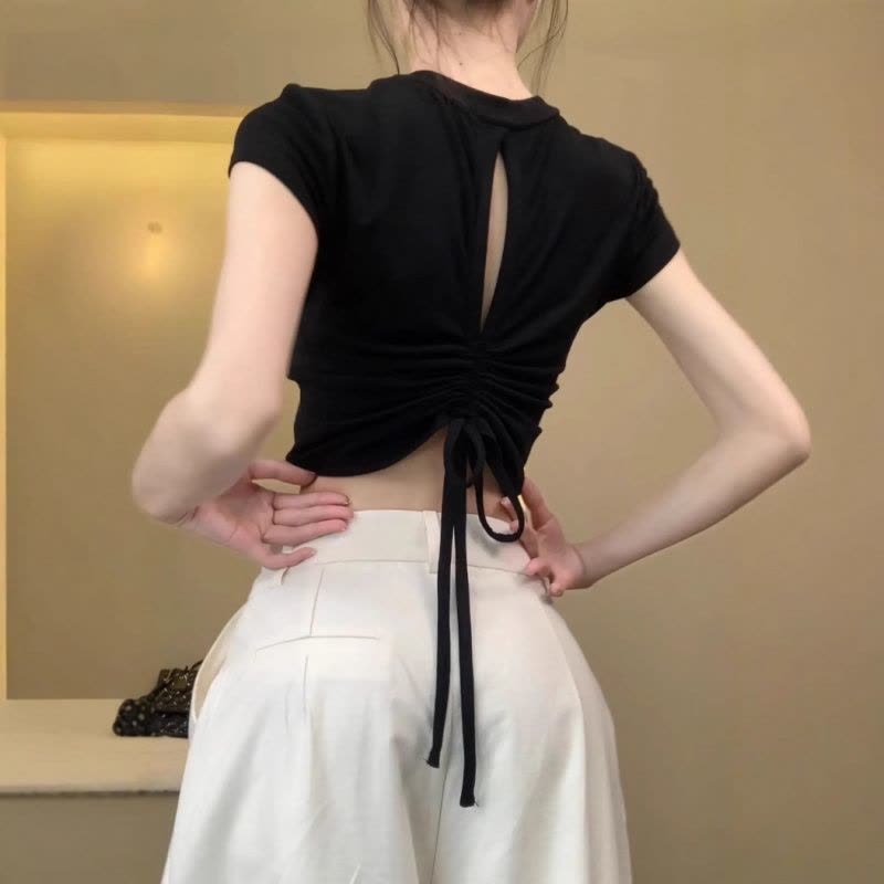 设计感纯欲风露背镂空抽绳上衣女夏季新款辣妹修身短款短袖T恤潮图片