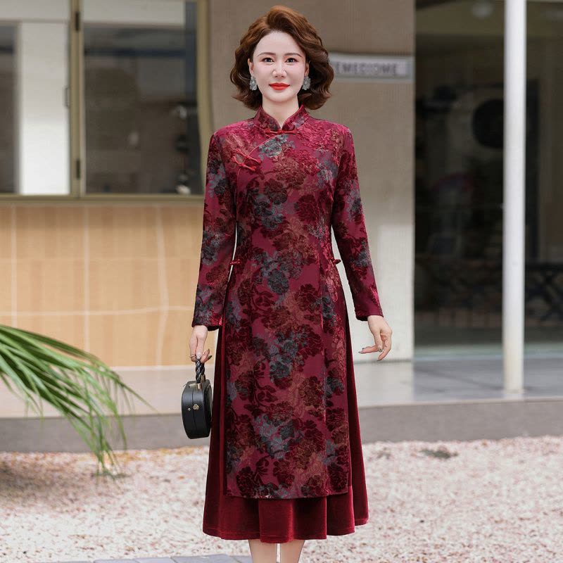 秋季中老年女婚宴连衣裙气质显瘦女装喜庆婆婆装50岁金丝绒国风裙图片