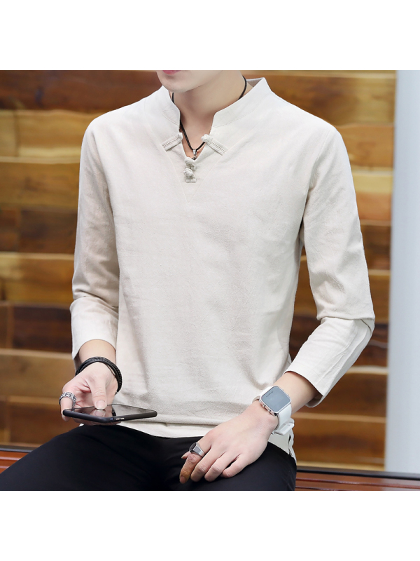 铂瑟男士t恤 【铂瑟】中国风亚麻长袖t恤男2020春夏棉麻纯色休闲禅意