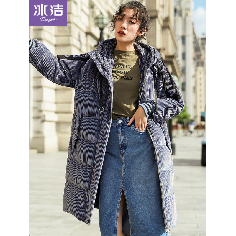 冰洁秋冬中长款羽绒服女丝绒连帽保暖羽绒外套J80142008