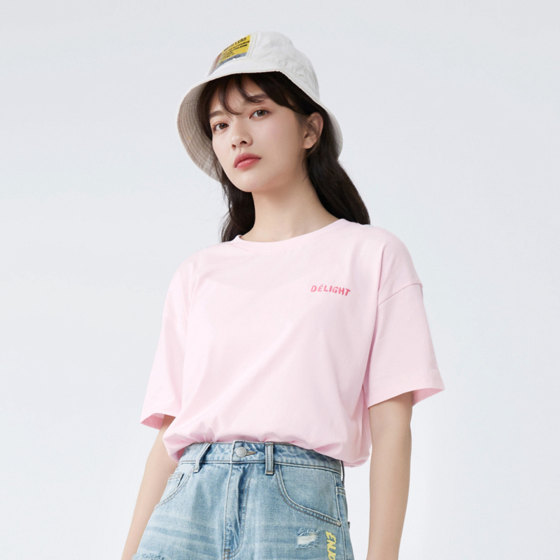 【满198减100预估价：39】森马宽松显瘦短袖T恤女夏季时尚纯棉短袖粉色t恤女小众设计感上衣