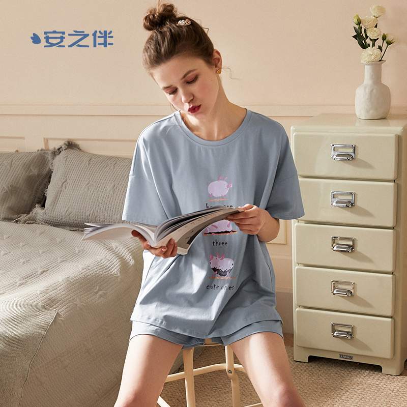安之伴睡衣女夏季棉质短袖卡通可爱运动休闲韩版宽松家居服可外穿