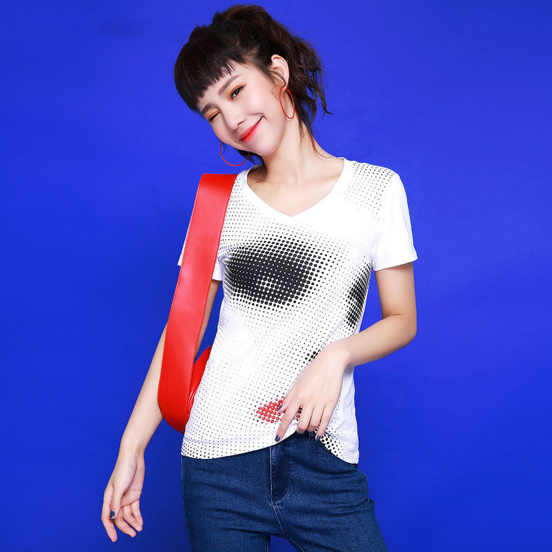 拉夏贝尔Candie’s夏季新款韩版印花V领宽松显瘦短袖T恤女30072665