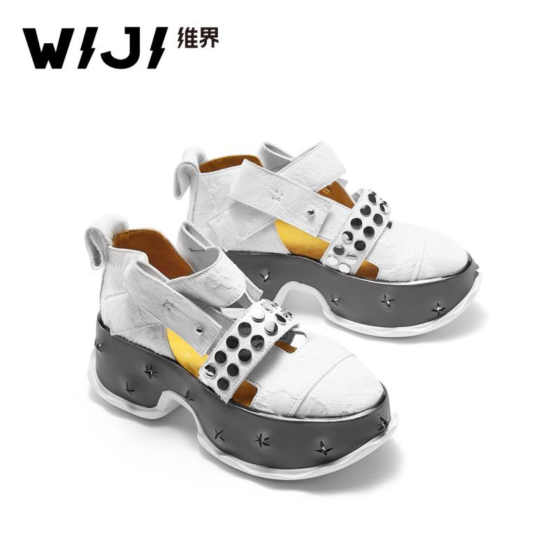 WIJI2018夏季新款黑色牛毛油蜡松糕底女鞋厚底韩版潮流铆钉搭舒适图片