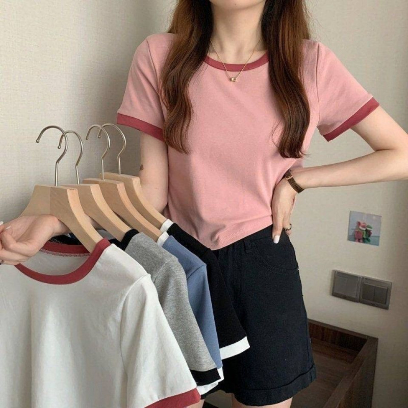 撞色圆领短袖T恤女夏季新款学生打底衫韩版修身短款上衣韩国女装