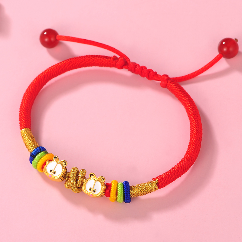 蒂蔻可爱卡通猫黄金转运珠手链女款3d硬足金珐琅烤漆钢丝红绳手饰