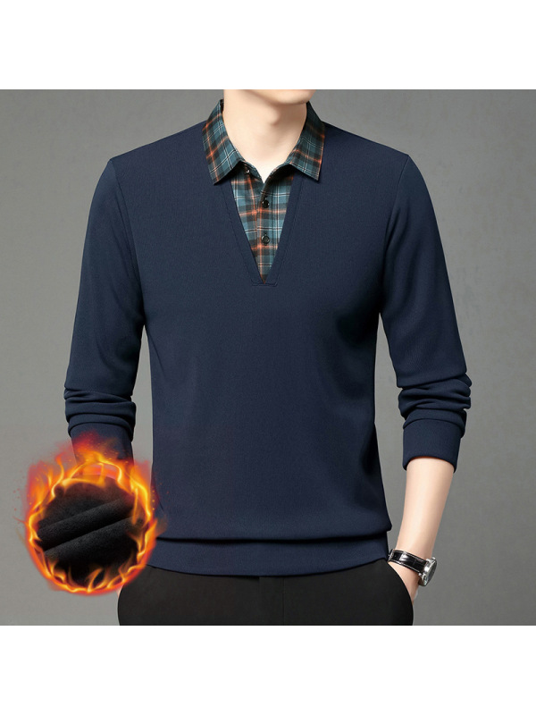 冬季新款相拼格子男士衬衫领长袖POLO衫加绒加厚假两件针织打底衫