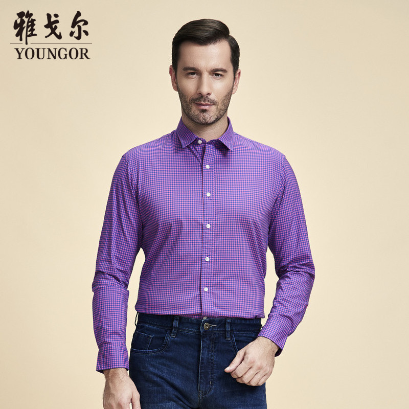 Youngor/雅戈尔男士商务休闲春季红色格子长袖衬衫100050