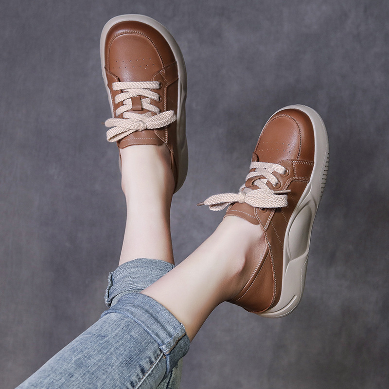 dbmg头层牛皮运动休闲鞋系带轻便松糕摇摇鞋春秋新款单鞋透气女