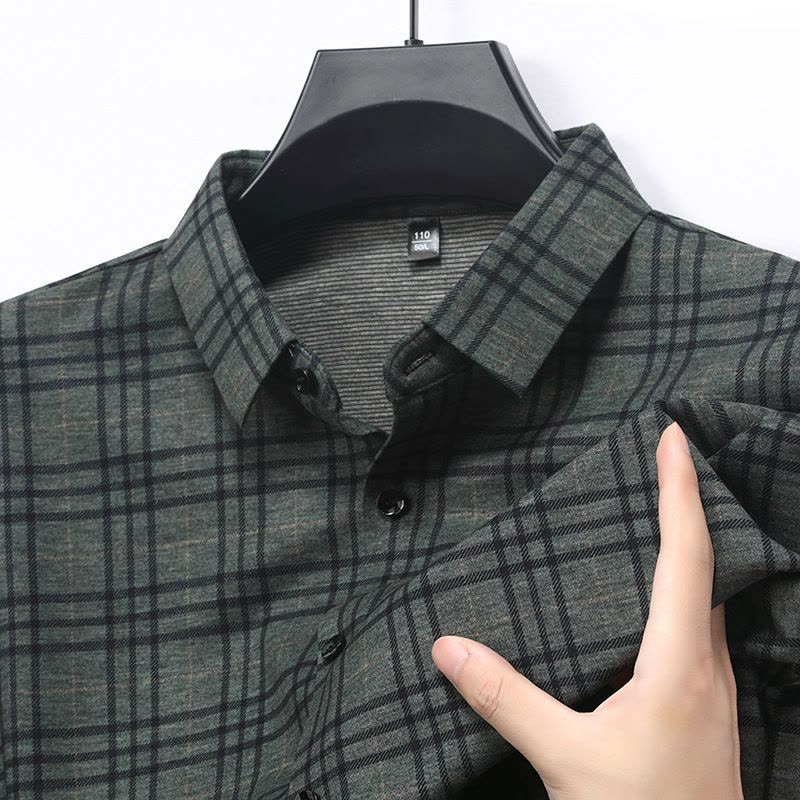 长袖衬衫春秋季开衫中年爸爸装商务休闲免烫格子衬衣服男图片