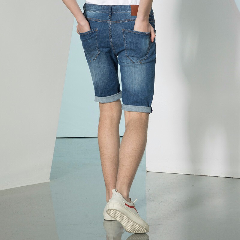 潮流前线夏季男士简洁百搭磨白破洞修身弹力牛仔短裤男中裤牛仔蓝