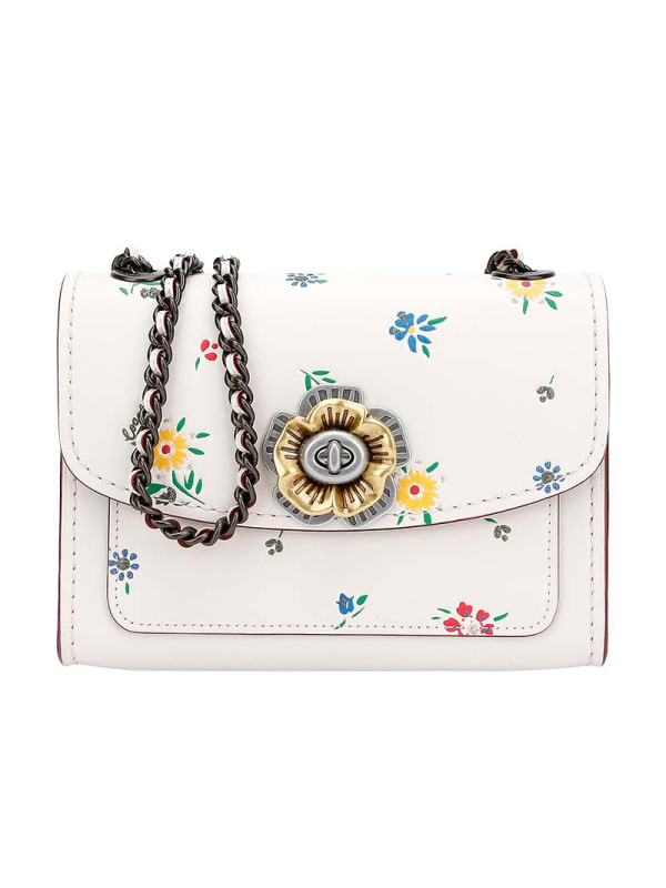 蔻驰coach奢侈品女士专柜款山茶花parker皮质单肩斜挎包白色印花887v5