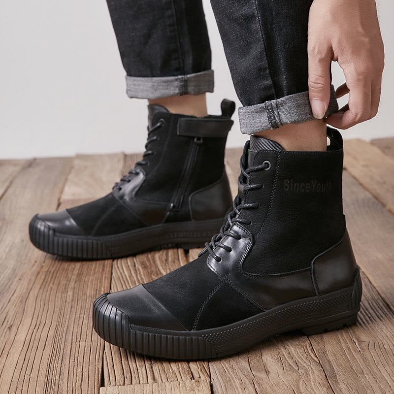 马丁靴男士头层牛皮英伦复古厚底运动休闲秋季高帮真皮工装靴透气图片